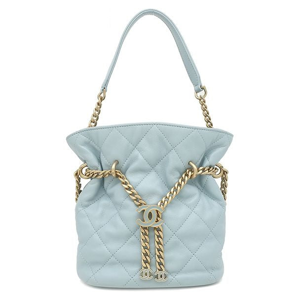 Chanel 2-Way Quilted Mini Bucket Bag Lambskin Light Blue Gold