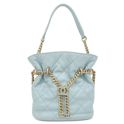 Chanel 2-Way Quilted Mini Bucket Bag Lambskin Light Blue Gold