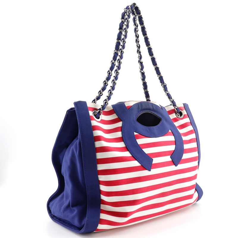 Chanel Chain Tote Cruise Line Striped A47944 Cotton And Nylon Navy Blue Ladies