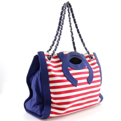 Chanel Chain Tote Cruise Line Striped A47944 Cotton And Nylon Navy Blue Ladies