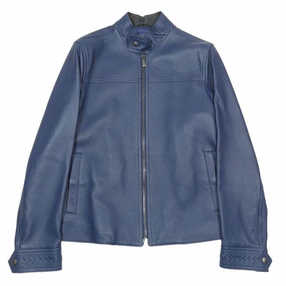 Bottega Veneta Deer Leather Intrecciato Single Rider Jacket 48 Blue