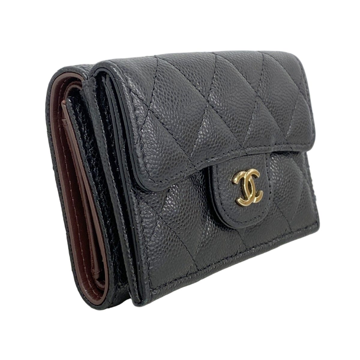 Chanel Trifold Wallet Quilted Caviar Leather Black Champagne Gold — view 2