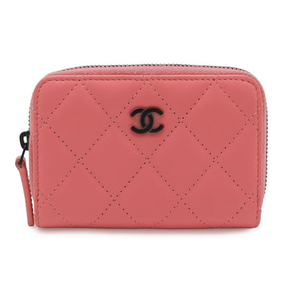 Chanel Quilted CC Logo Classic Zip Coin Purse Zip Around Leather Coral Pink