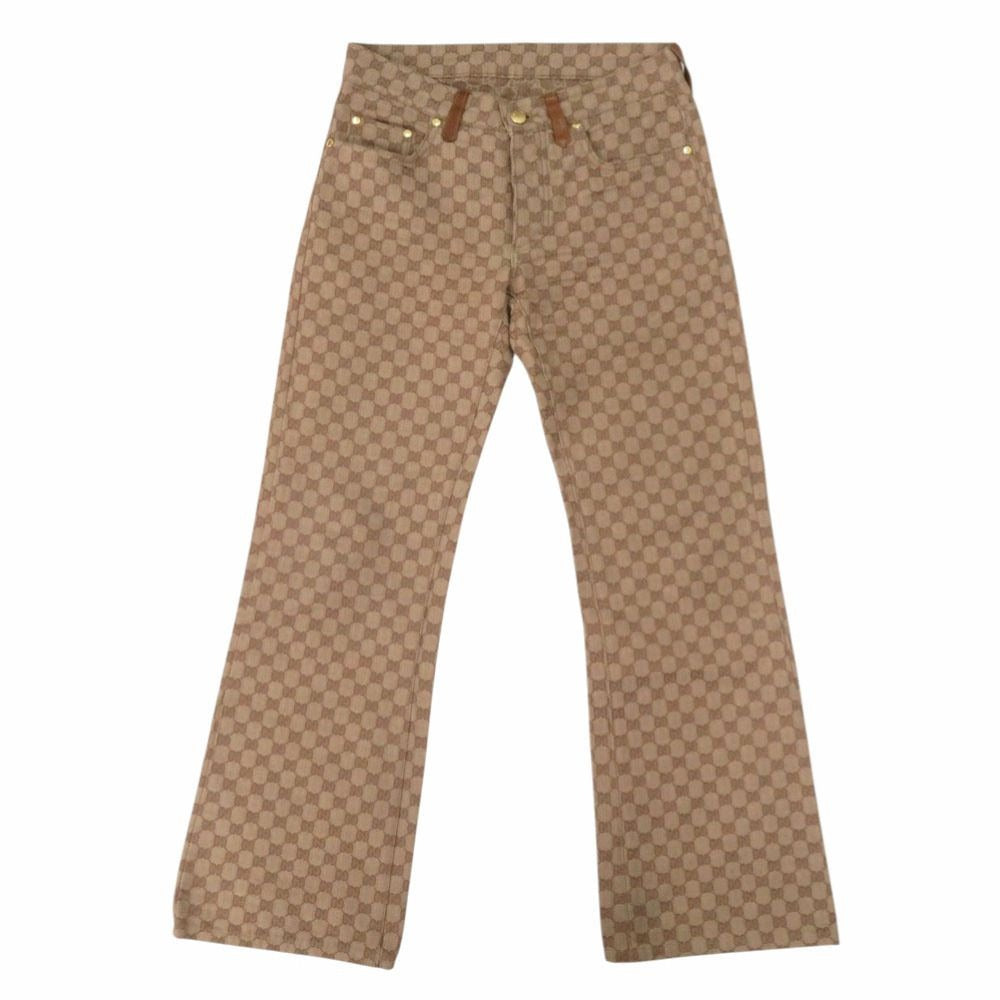 Gucci Vintage GG Canvas Leather Camel Beige Brown Gold 44 Pants X