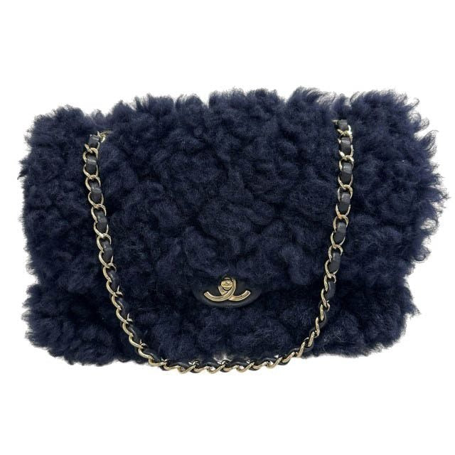 Chanel Shearling Fur Lambskin Gold CC Logo Quilted Chain Shoulder Bag Navy