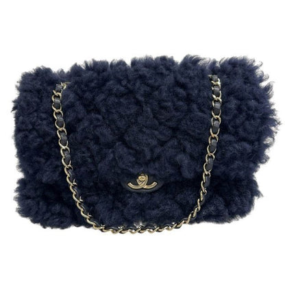 Chanel Shearling Fur Lambskin Gold CC Logo Quilted Chain Shoulder Bag Navy