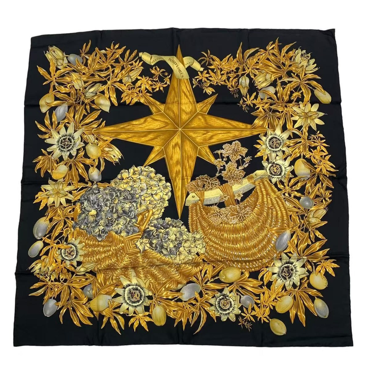 Hermes Scarf Silk Carre 90 Passiflores Passion Flower Black