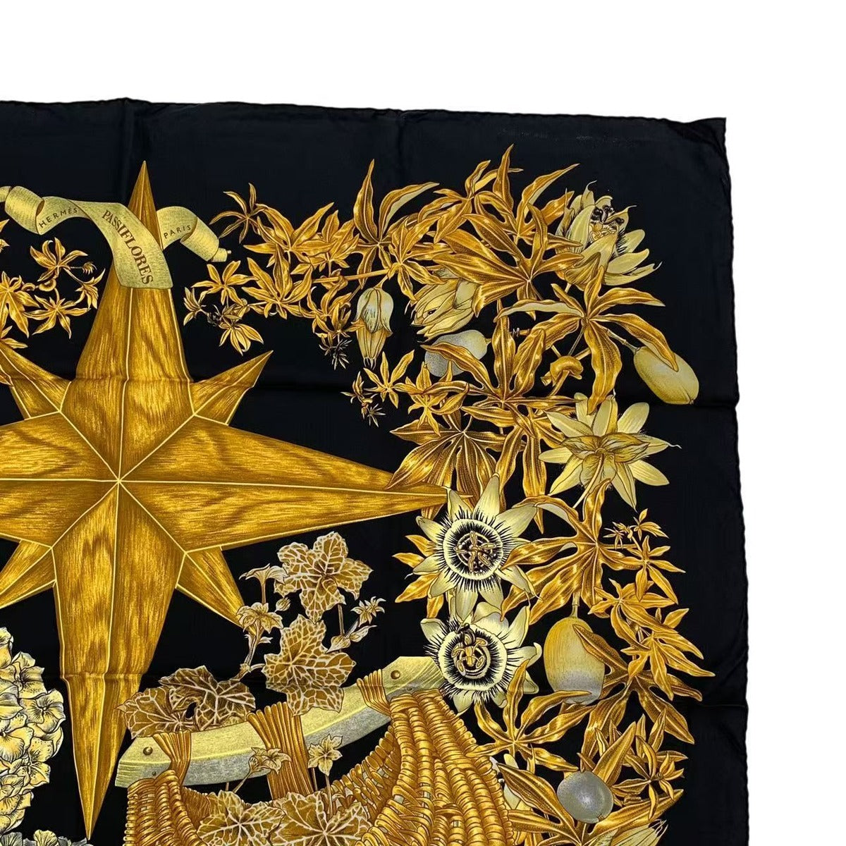 Hermes Scarf Silk Carre 90 Passiflores Passion Flower Black — view 3