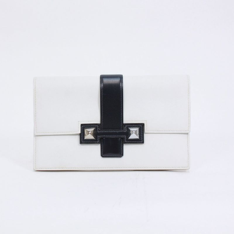 Hermes Medor Box Calf Black and White Clutch Bag Silver