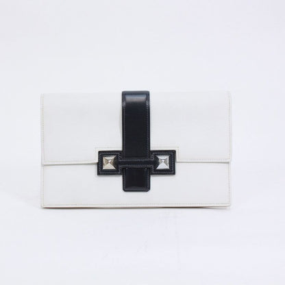 Hermes Medor Box Calf Black and White Clutch Bag Silver