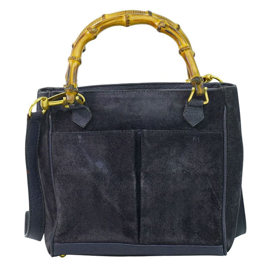 Gucci Bamboo 2-Way Shoulder Bag Pochette Suede Leather Navy