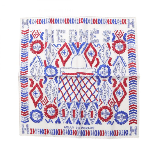 Hermes Scarf Petit Carre 45 Kelly en Perles Silk White Red Blue