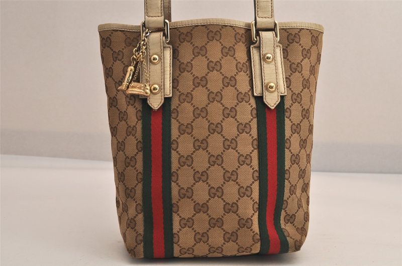 Gucci Web Sherry Line Tote Bag GG Canvas Leather 162898 Brown 7460m