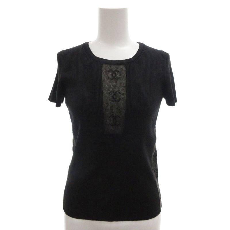 Chanel Vintage Rib Knit Coco Mark Mesh Switch Short Sleeve 36 Brown FF Gy62