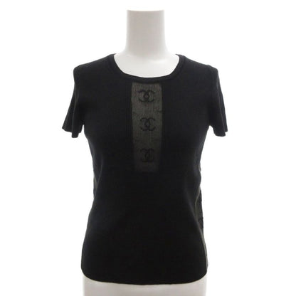 Chanel Vintage Rib Knit Coco Mark Mesh Switch Short Sleeve 36 Brown FF Gy62