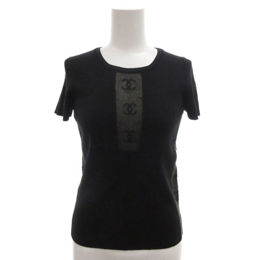 Chanel Vintage Rib Knit Coco Mark Mesh Switch Short Sleeve 36 Brown FF Gy62