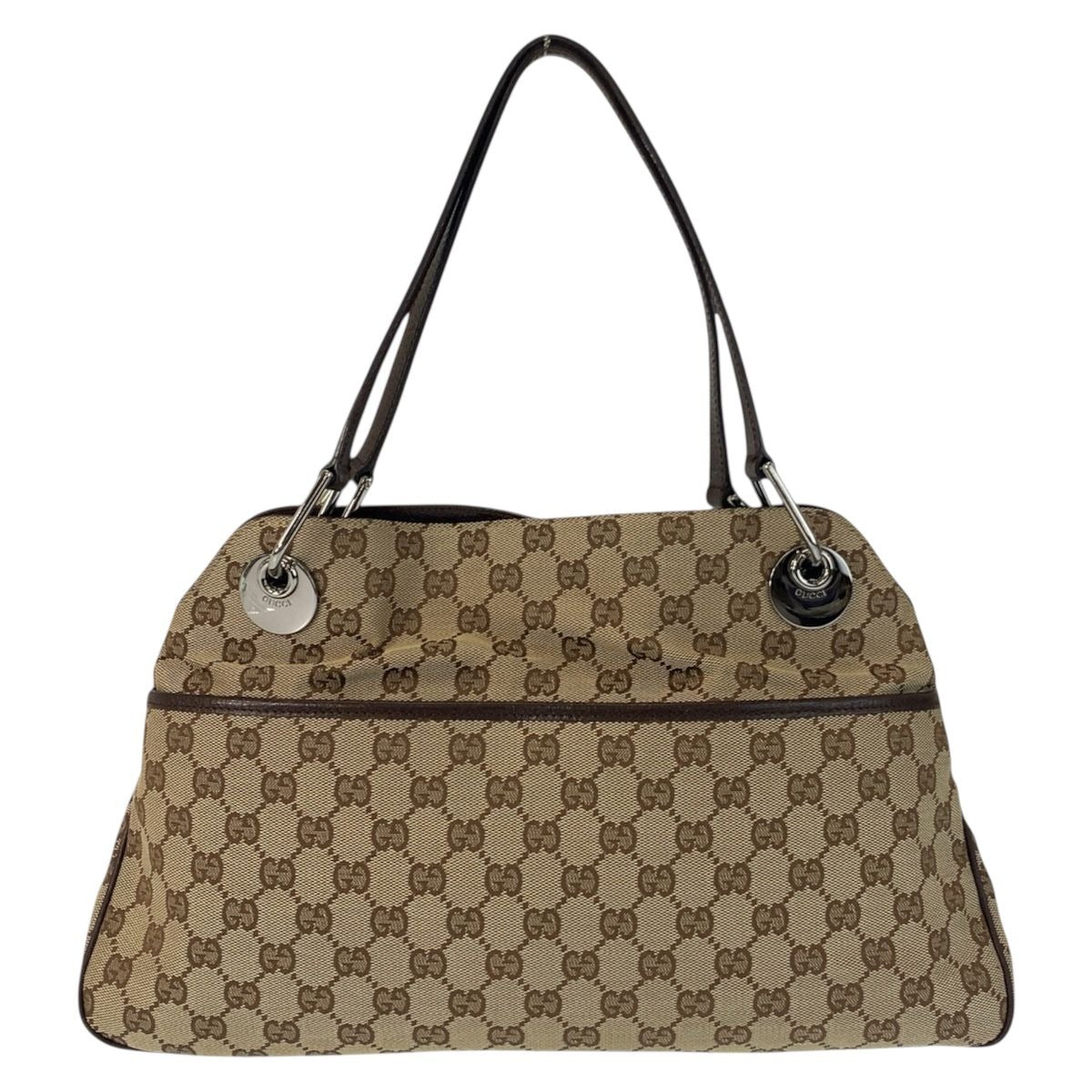 Gucci Beige Brown Silver GG Canvas Leather Shoulder Bag Tote