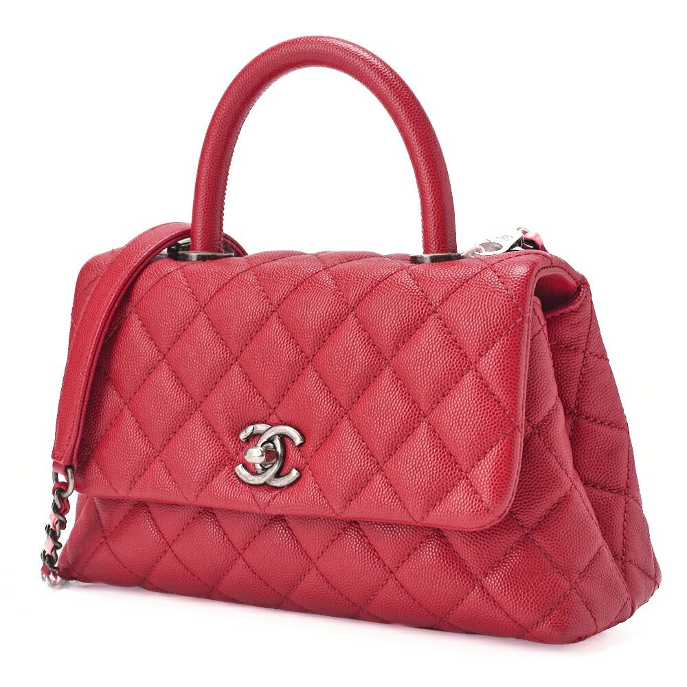 Chanel Chain Shoulder Bag Matelasse Coco Handle 2WAY Handbag Caviar Skin Red