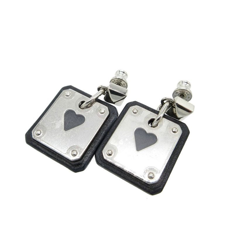 Hermes As De Coeur Heart Earrings Leather Metal Black Silver Stamped Z 0268