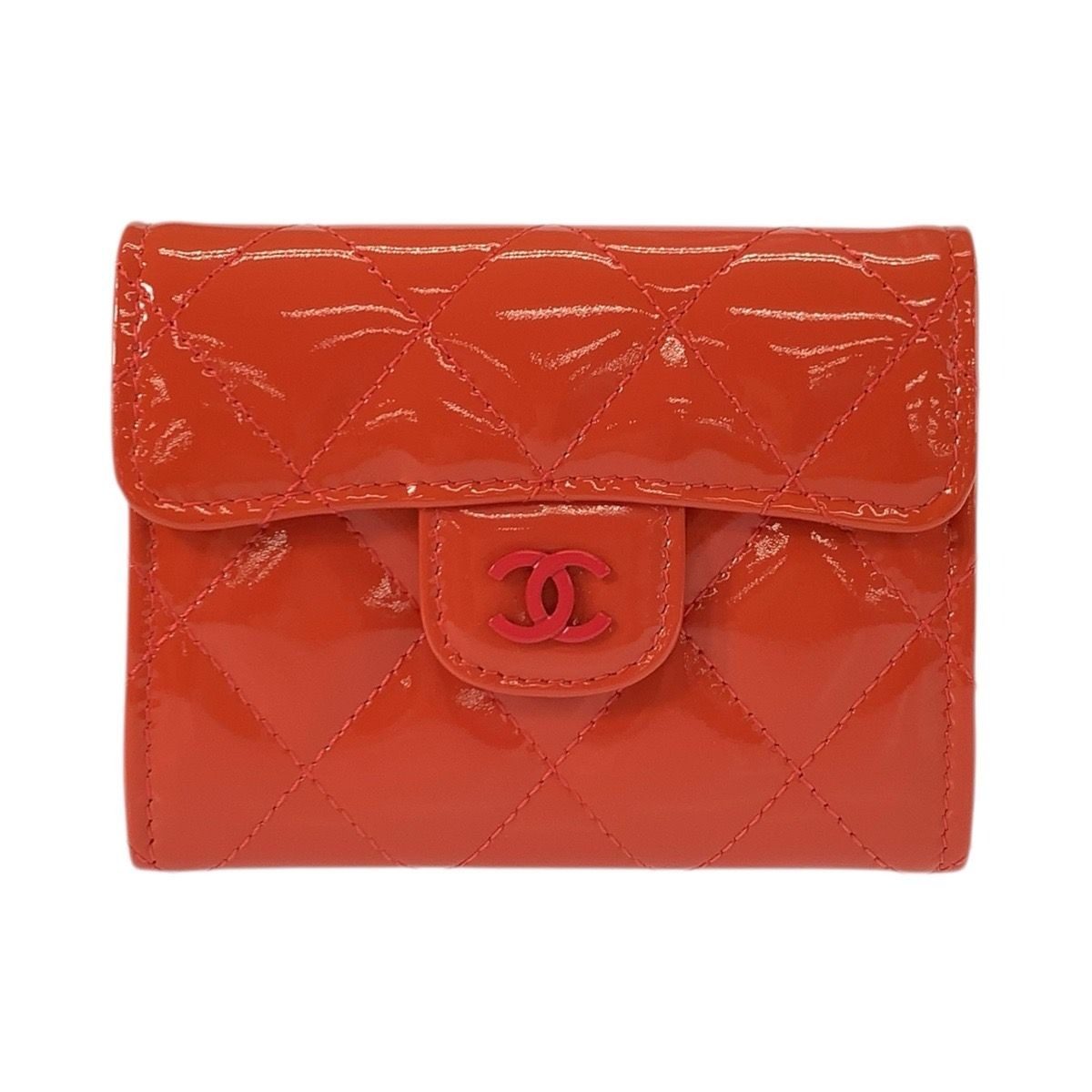 Chanel Quilted CC Logo Orange Patent Leather Coin Case Card