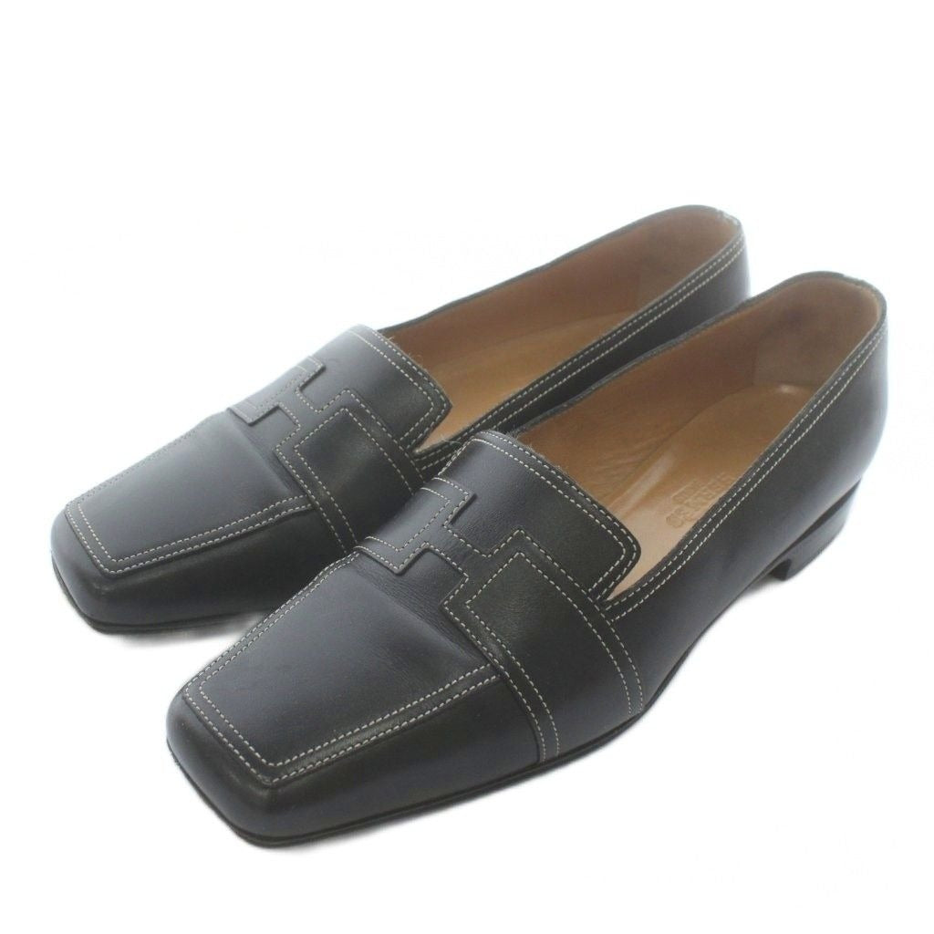 Hermes Loafers Moccasins Leather Square Toe Logo 36 Black XZ