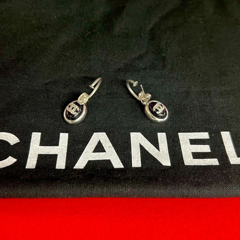 Chanel Vintage Coco Mark GP Earrings Accessories Silver Black 75139 00A