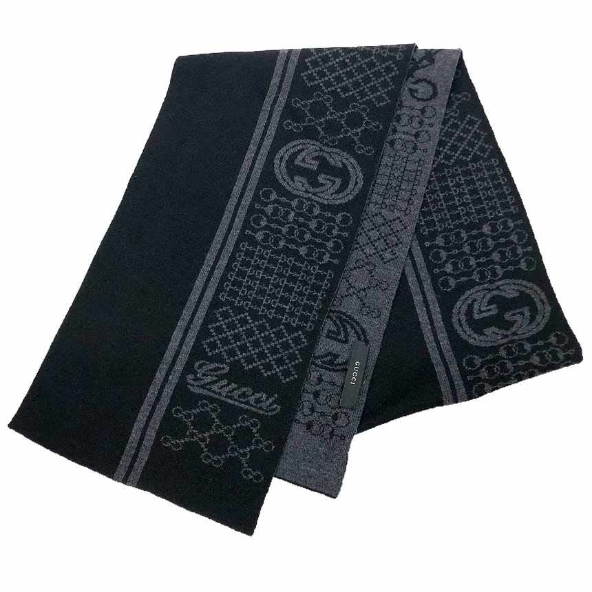 Gucci Wool Scarf Black Gray GG Bit Pattern