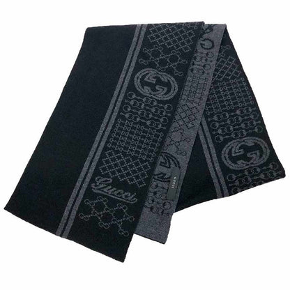 Gucci Wool Scarf Black Gray GG Bit Pattern