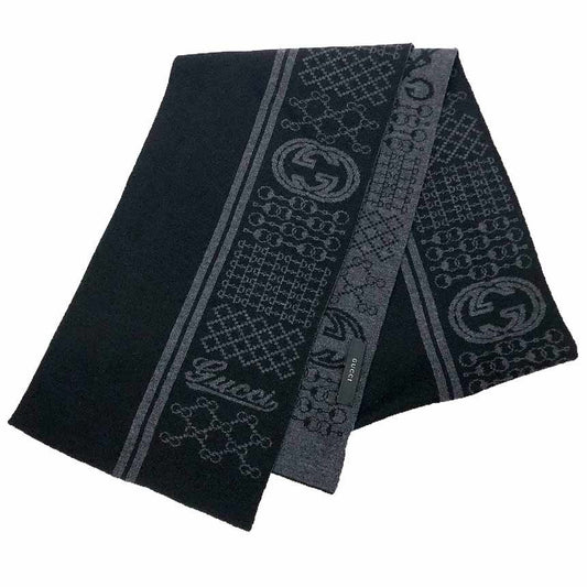 Gucci Wool Scarf Black Gray GG Bit Pattern