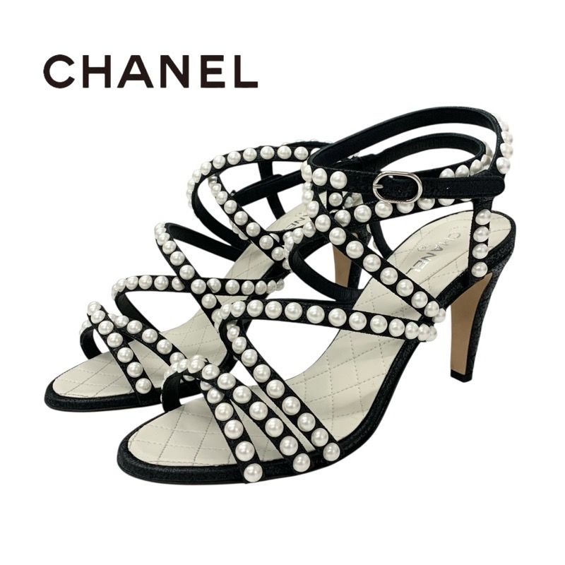 Chanel Sandals Shoes Leather Black White Coco Mark Pearl Matelasse Strap