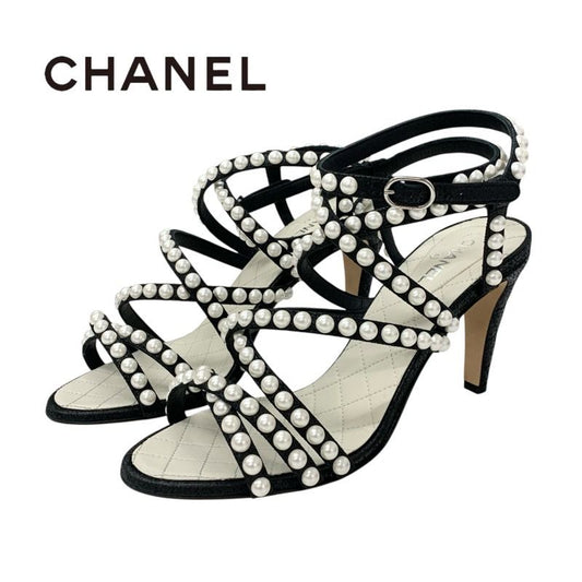 Chanel Sandals Shoes Leather Black White Coco Mark Pearl Matelasse Strap