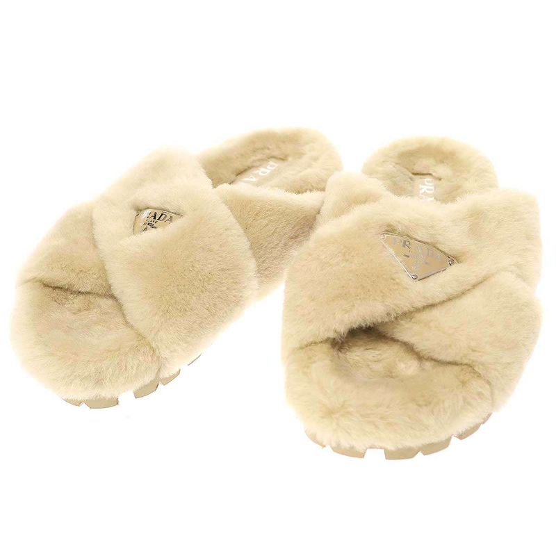 Prada Logo Plate Sheepskin Fur Sandals Beige 36