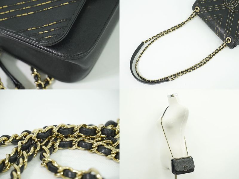 Authentic Chanel Coco Mark V Stitch Chain Shoulder Bag Pochette Lambskin