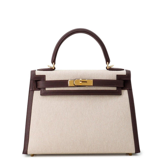 Hermes Handbag Kelly 28 Sellier Mocha Ecru Gold Swift Toile Ash