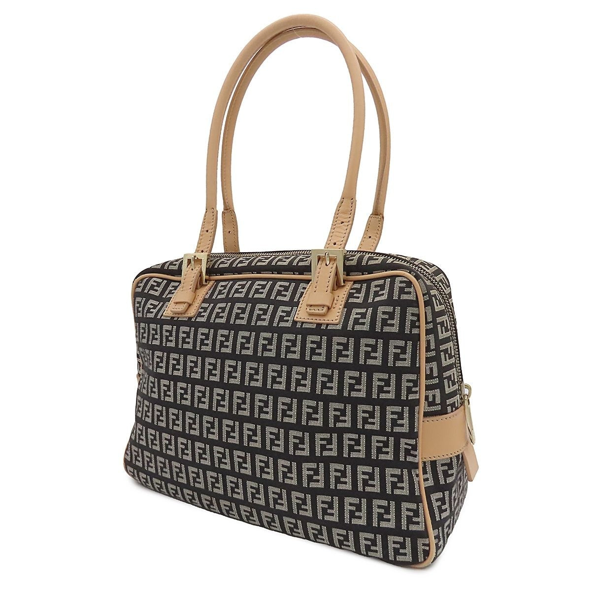 Fendi Zucchino Black Silver Beige Canvas Leather Mini Boston Handbag — view 2