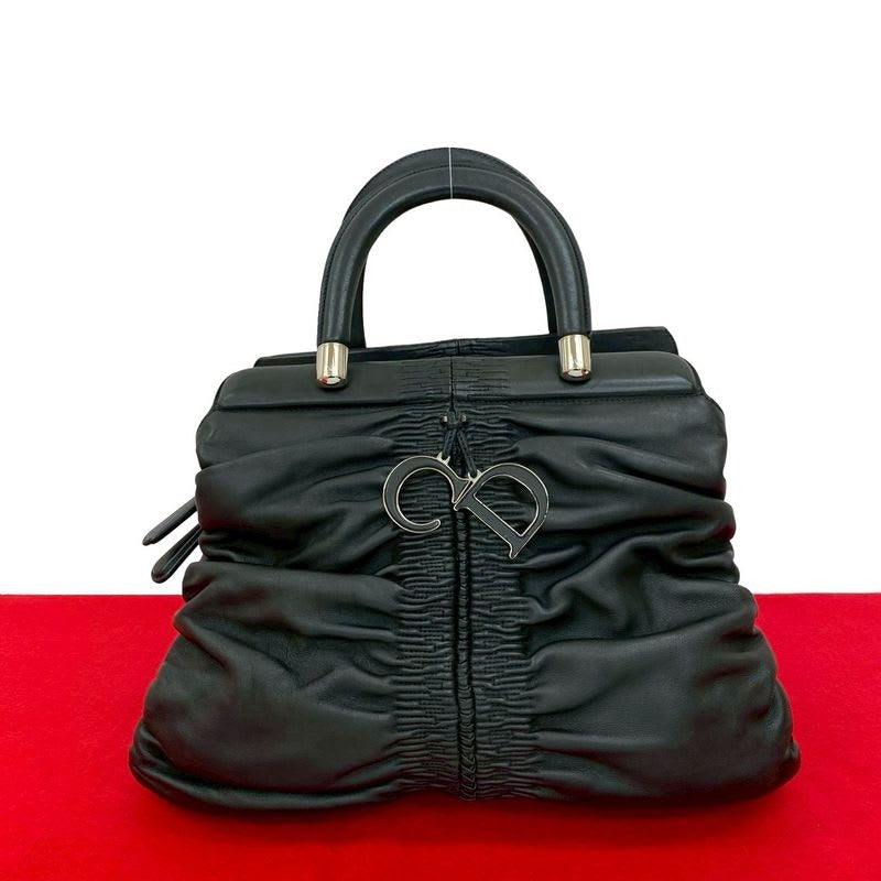 Christian Dior Karenina CD Logo Charm Hardware Leather Handbag Tote Bag Black