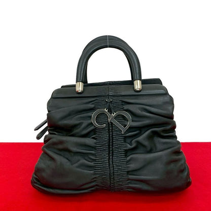 Christian Dior Karenina CD Logo Charm Hardware Leather Handbag Tote Bag Black