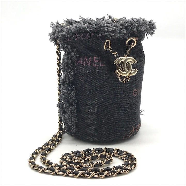 Chanel Small Mini Bucket Denim Chain Shoulder Bag Black