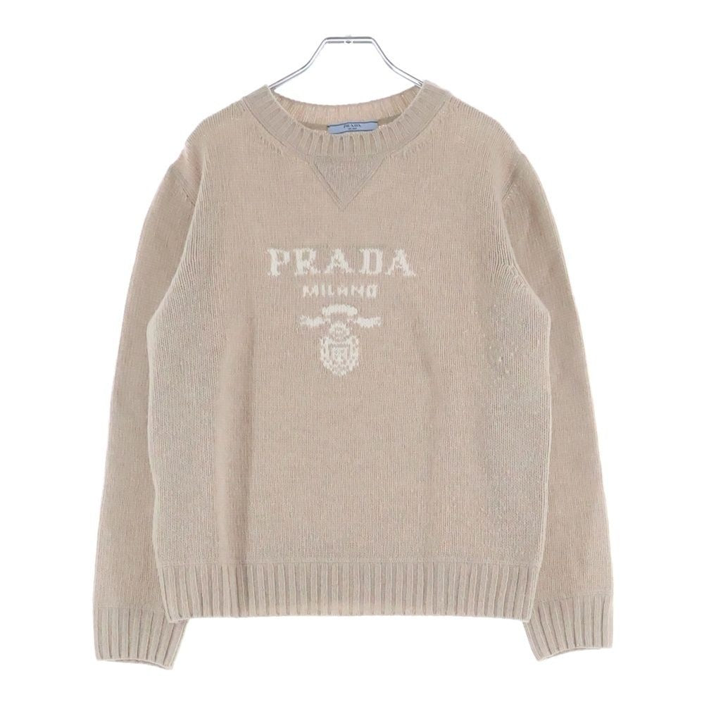 Prada Logo Jacquard Crew Neck Long Sleeve Pullover Sweater Beige