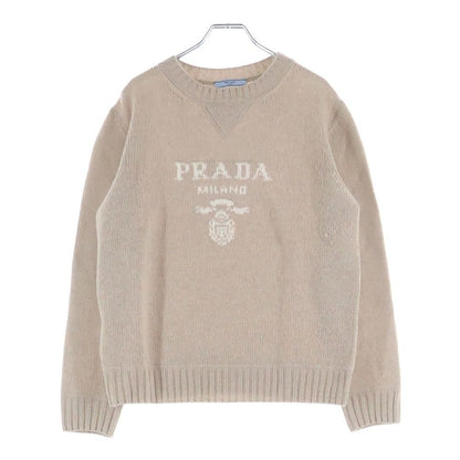 Prada Logo Jacquard Crew Neck Long Sleeve Pullover Sweater Beige