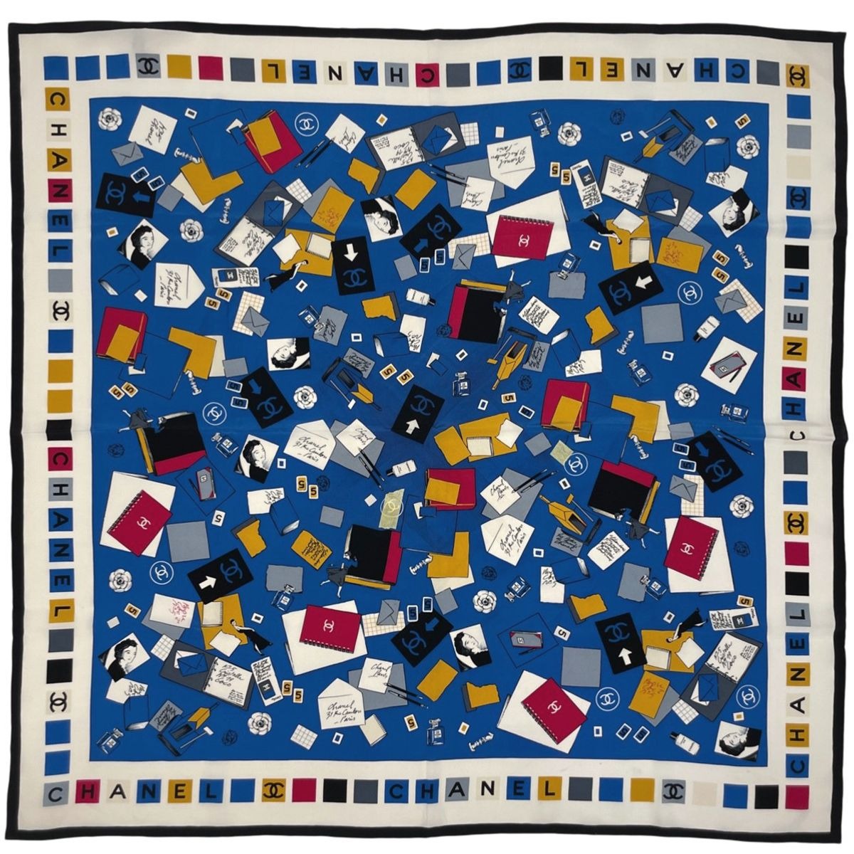 Chanel CC Logo Scarf Letter Camellia Silk Blue Multicolor