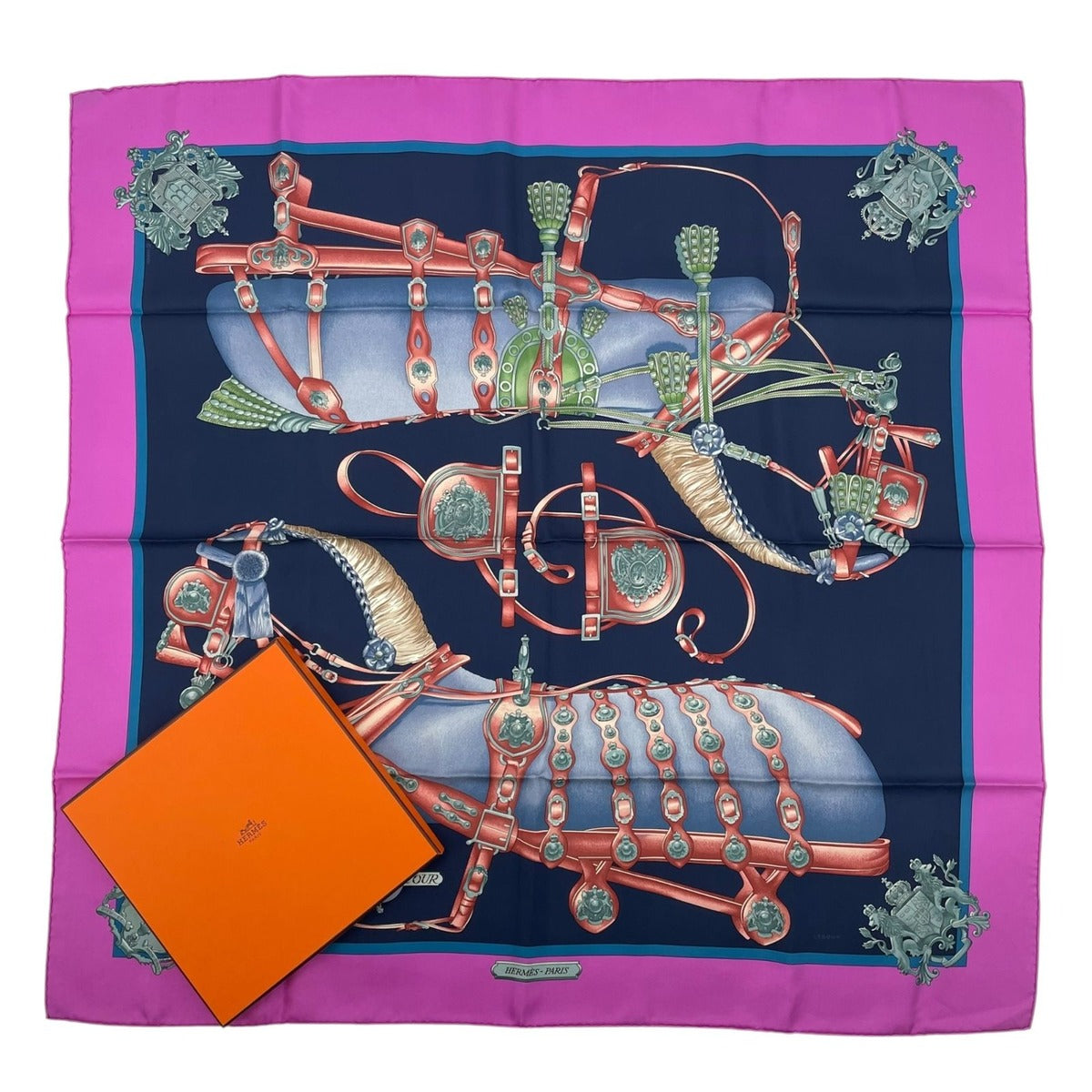 Hermes Carre 90 Scarf 100% Silk Harnais de Cour Court Horse Tackle Purple Box