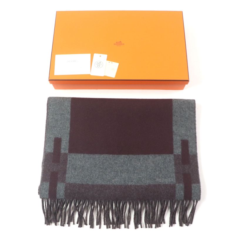 Hermes H Passant 100% Cashmere Current Model Logo Embroidery Fringed Scarf