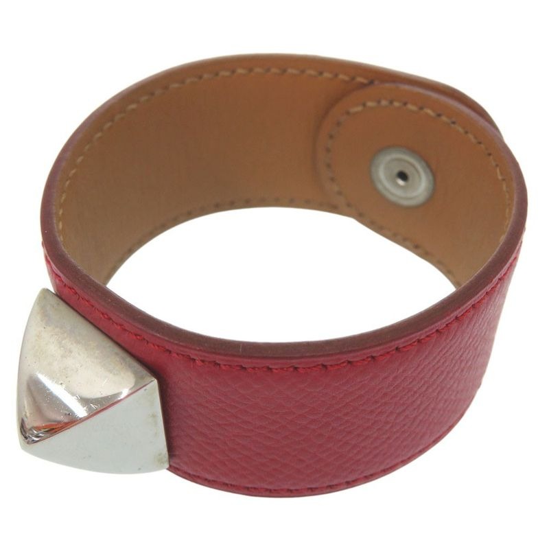 Hermes Medor Bangle Leather Metal Red Engraved D 0564
