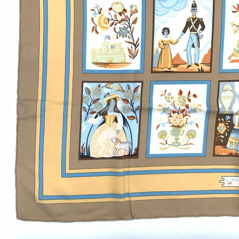 Hermes Carre 90 Imagerie Popular Prints Beige Scarf Silk