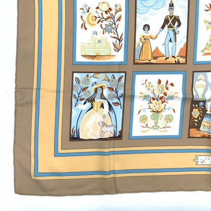 Hermes Carre 90 Imagerie Popular Prints Beige Scarf Silk