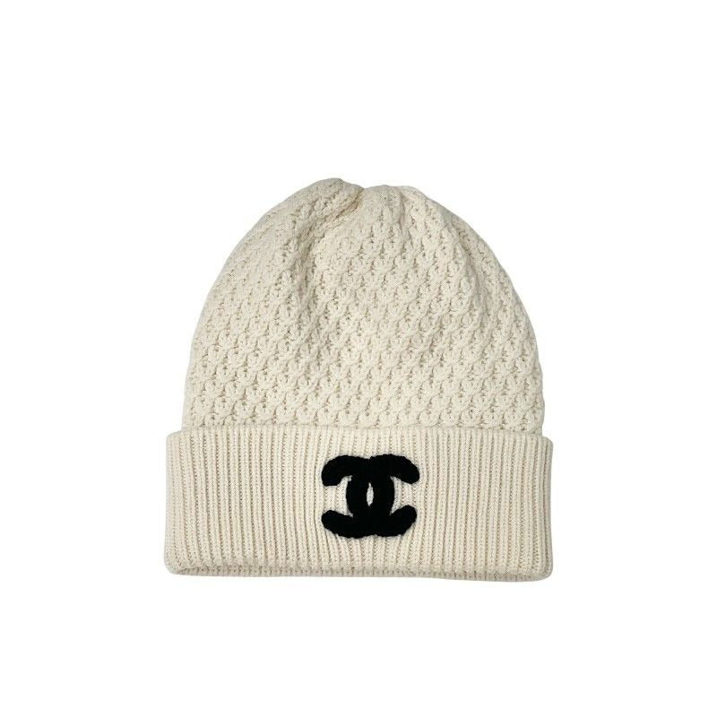 Chanel Cap Hat Cashmere White Black CC Logo Knit Beanie