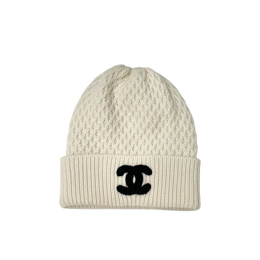 Chanel Cap Hat Cashmere White Black CC Logo Knit Beanie