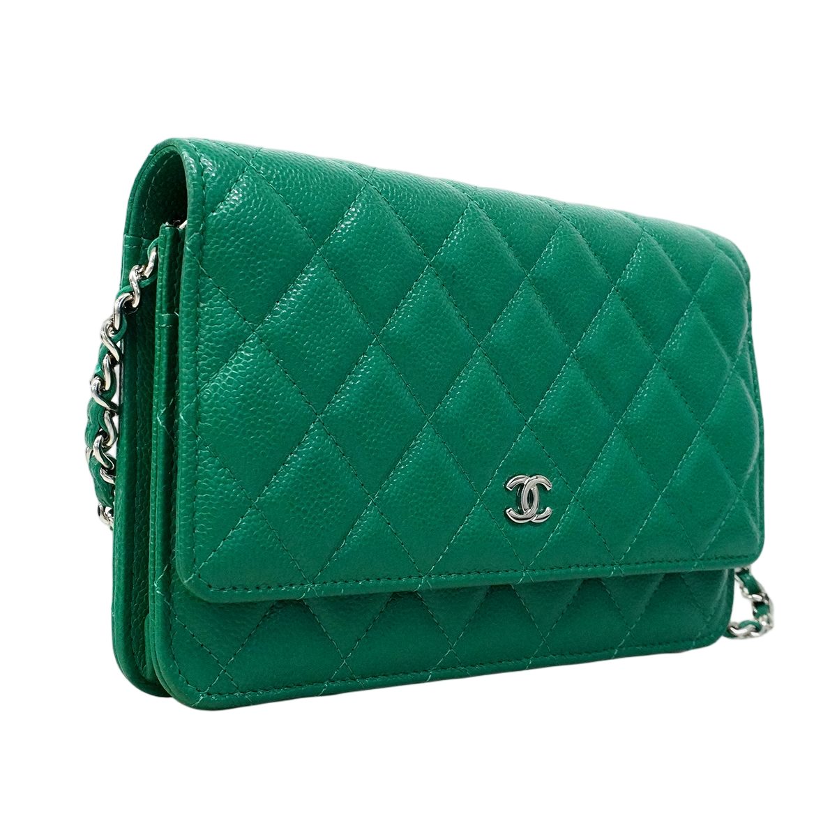 Chanel Shoulder Wallet Quilted Caviar Leather Green Silver — view 2