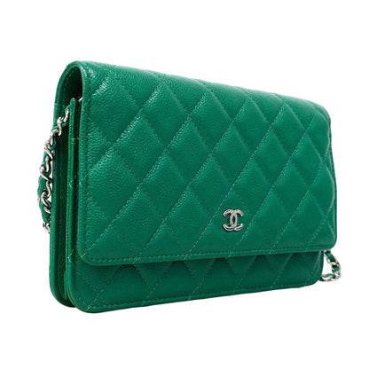 Chanel Shoulder Wallet Quilted Caviar Leather Green Silver — view 2